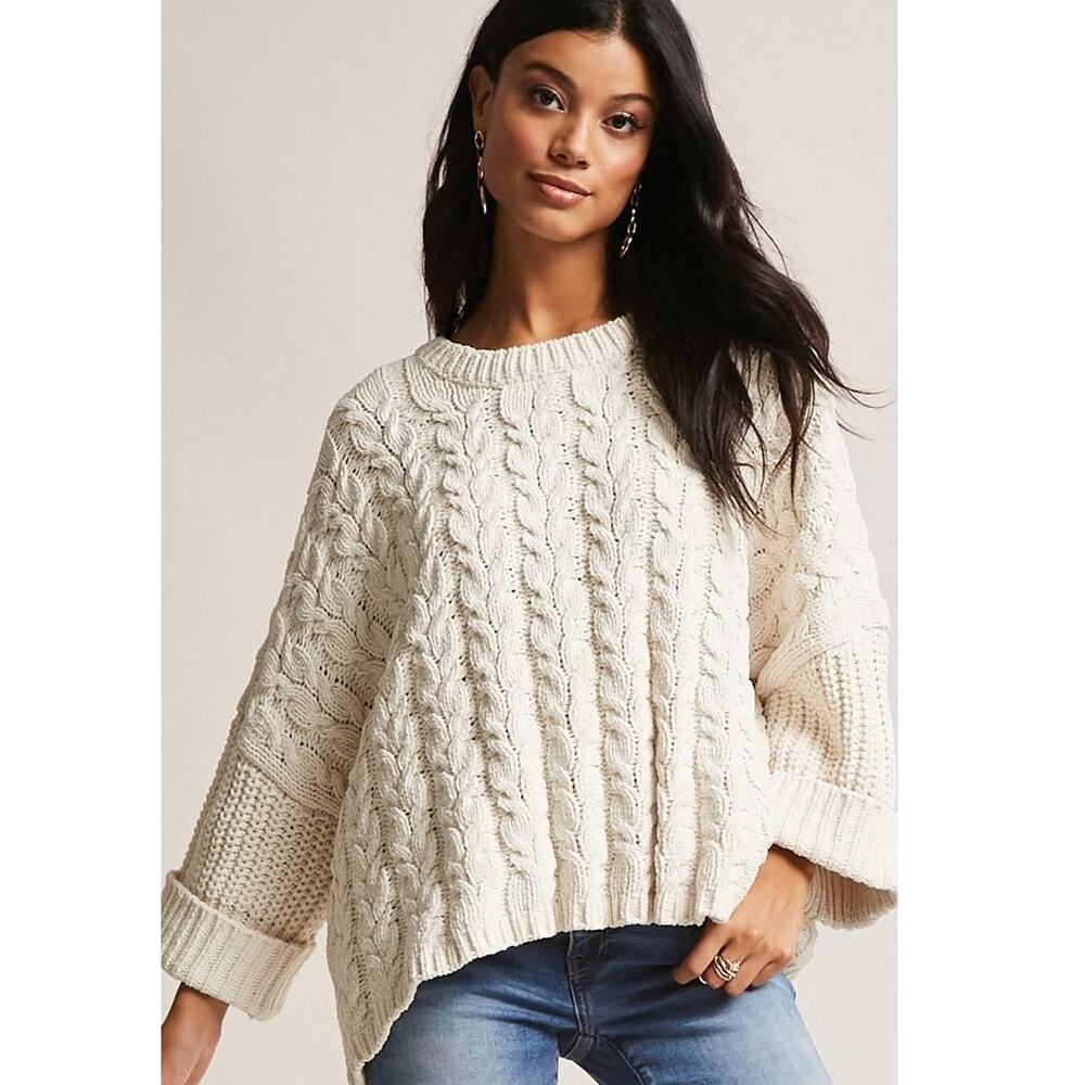 POL White Cable Knit Oversized Cropped Sweater Size S